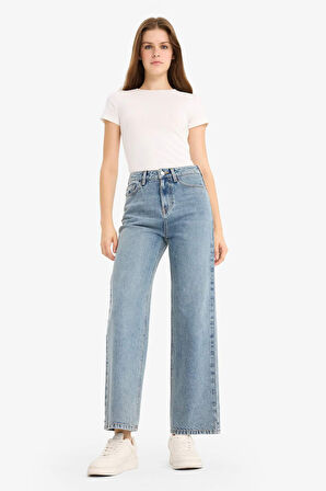 Straight Fit Yüksek Bel Düz Paça Uzun Jean Kar Yıkamalı Pantolon