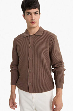 Standart Fit Polo Yaka Fermuarlı Triko Hırka 