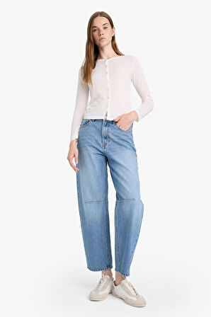Barrel Fit Normal Bel Düz Paça Bilek Boy Jean Kar Yıkamalı Pantolon