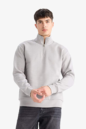 Regular Fit Dik Yaka Yarım Fermuarlı İçi Yumuşak Tüylü Basic Düz Sweatshirt