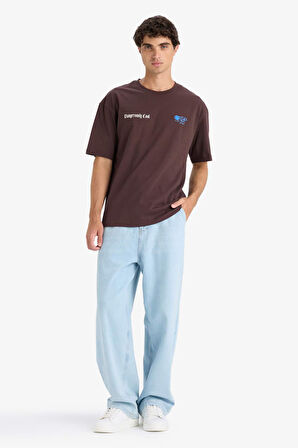 Boxy Fit Bisiklet Yaka Baskılı Kısa Kollu Tişört