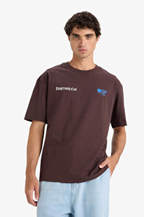 Boxy Fit Bisiklet Yaka Baskılı Kısa Kollu Tişört