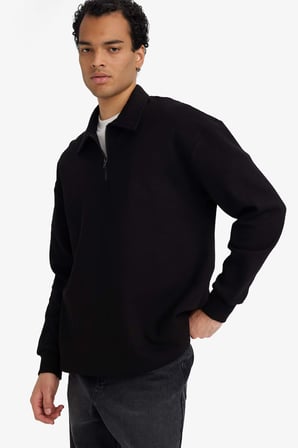 DeFacto Boxy Fit Polo Yaka Yarım Fermuarlı Pike Sweatshirt G6471AX25WNBK81