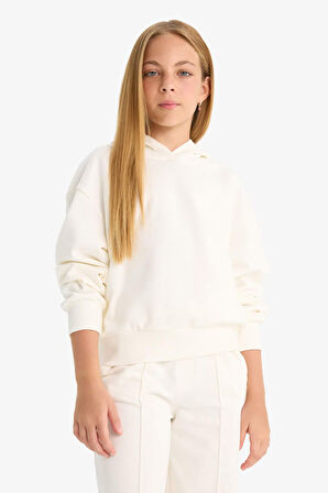 Kız Çocuk Relax Fit Kapüşonlu Basic Düz Sweatshirt