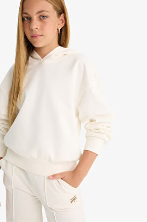 Kız Çocuk Relax Fit Kapüşonlu Basic Düz Sweatshirt