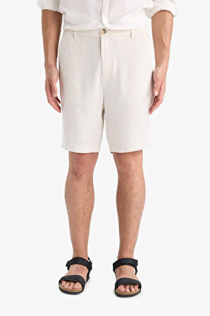 Regular Fit Düz Paça Keten Karışımlı Bermuda