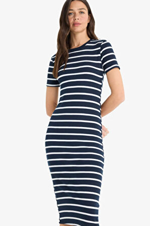 Bodycon Vücudu Saran Bisiklet Yaka Çizgili Fitilli Kaşkorse Kısa Kollu Midi Elbise