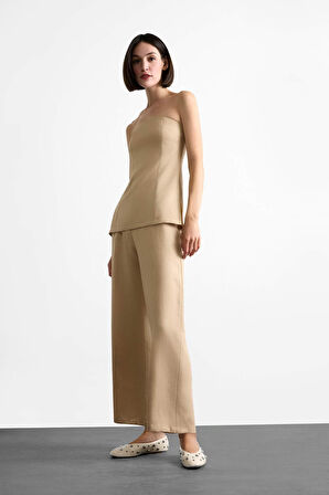 Fermuarlı Yüksek Bel Kısa Paça Bilek Boy Keten Karışımlı Pantolon