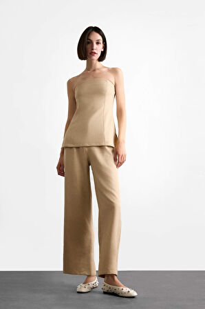 Fermuarlı Yüksek Bel Kısa Paça Bilek Boy Keten Karışımlı Pantolon