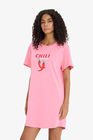 Regular Fit Bisiklet Yaka Baskılı Kısa Kollu Gecelik -Fall in Love 