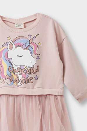 Kız Bebek Unicorn Baskılı Uzun Kollu Tül Elbise