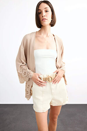 Fitted Bürümcük Brode Bağlamalı Uzun Kollu Bluz