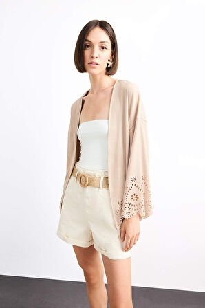 Fitted Bürümcük Brode Bağlamalı Uzun Kollu Bluz