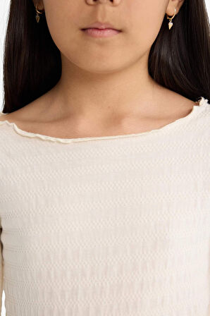 Kız Çocuk Fitted Bisiklet Yaka Bürümcük Uzun Kollu Tişört