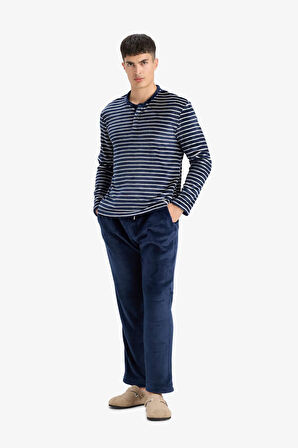 Pijama Takımı Regular Fit Çizgili Uzun Kollu Üst Welsoft Pelüş Uzun Alt 