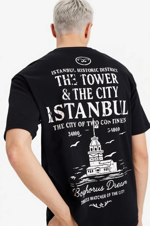 Defacto F8164AXBK81 Siyah %100 Pamuk Boxy Fit Baskılı Tişört