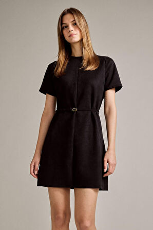 Bisiklet Yaka Kemerli Kısa Kollu Mini Süet Elbise