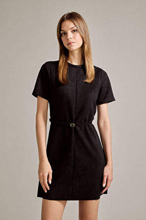 Bisiklet Yaka Kemerli Kısa Kollu Mini Süet Elbise