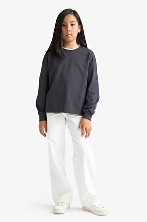 Kız Çocuk Relax Fit Bisiklet Yaka Uzun Kollu Tişört