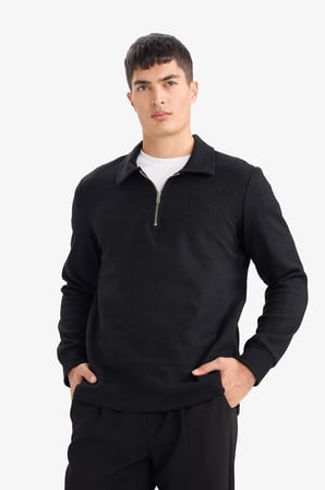 Defacto F2802AXBK81 Siyah Regular Fit Polo Yaka Yarım Fermuarlı Sweatshirt