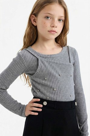 DeFacto Yılbaşı Temalı Slim Fit Dar Kesim Taşlı Fitilli Kaşkorse Uzun Kollu Tişört Kız Çocuk G6415A825WNGR377