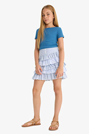 Kız Çocuk Fitted Kayık Yaka Ribana Kısa Kollu Tişört