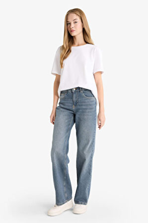 Straight Wide Yüksek Bel Uzun Jean Yıkamalı Pantolon