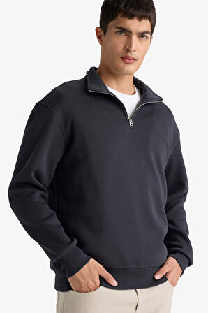 Regular Fit Dik Yaka Yarım Fermuarlı İçi Yumuşak Tüylü Basic Düz Sweatshirt