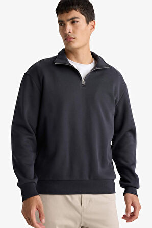 Regular Fit Dik Yaka Yarım Fermuarlı İçi Yumuşak Tüylü Basic Düz Sweatshirt