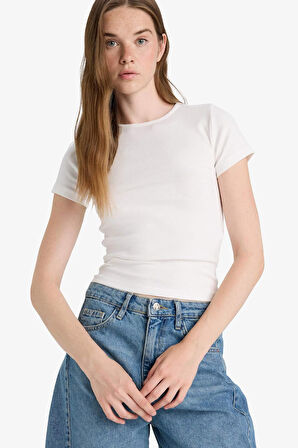 Fitted Bisiklet Yaka Ribana Kısa Kollu Tişört