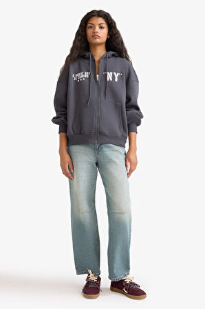 Oversize Geniş Kalıp Kapüşonlu Sırt Baskılı Fermuarlı Sweatshirt