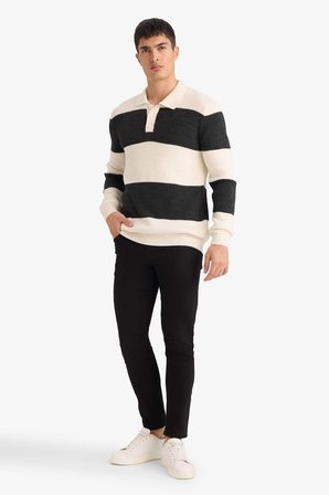 DeFacto Standart Fit Polo Yaka Çizgili Triko Kazak D3590AX25WNER139