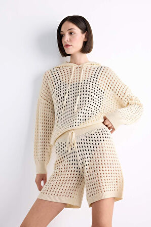 Kapüşonlu Kroşe Uzun Kollu Plaj Üstü