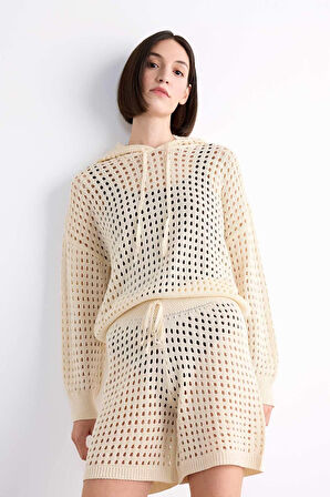 Kapüşonlu Kroşe Uzun Kollu Plaj Üstü