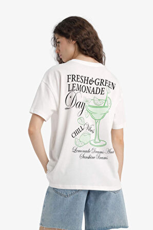 Oversize Geniş Kalıp Bisiklet Yaka Baskılı Kısa Kollu Tişört