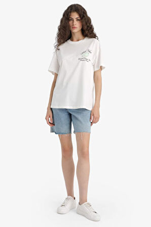 Oversize Geniş Kalıp Bisiklet Yaka Baskılı Kısa Kollu Tişört