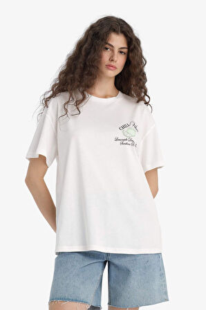 Oversize Geniş Kalıp Bisiklet Yaka Baskılı Kısa Kollu Tişört