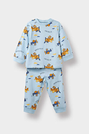 Erkek Bebek 4'lü Pijama Takımı Uçak Baskılı Uzun Kollu Penye Üst Uzun Alt