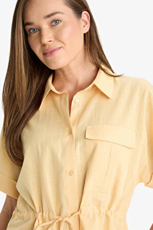 DeFacto Regular Fit Bağcıklı Flamlı Pamuk Kısa Kollu Gömlek F3416AX25HSYL1