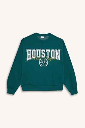 Kız Çocuk Relax Fit Bisiklet Yaka Baskılı Sweatshirt Kumaşı Sweatshirt