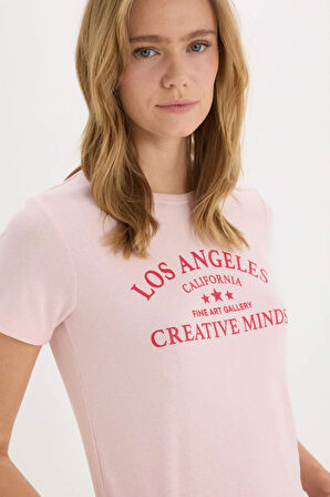 Regular Fit Bisiklet Yaka Baskılı Ribana Kısa Kollu Tişört