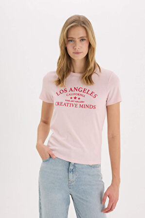 Regular Fit Bisiklet Yaka Baskılı Ribana Kısa Kollu Tişört