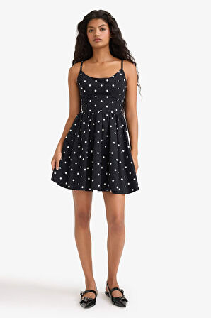 Bisiklet Yaka Poplin Askılı Mini Puantiyeli Elbise 