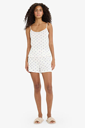 DeFacto Regular Fit Pijama Takımı Askılı Desenli Üst Esnek Belli Şort-Fall in Love F6137AX25SMER85