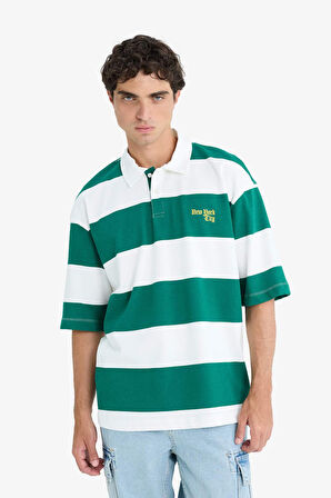 DeFacto %100 Pamuk Boxy Fit Polo Yaka Çizgili Kısa Kollu Tişört F5919AX25SMGN651