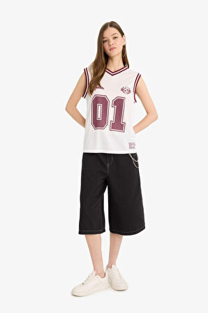 Coool Oversize Geniş Kalıp Baskılı V Yaka Forma Kumaşı Atlet