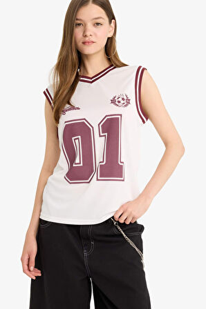 Coool Oversize Geniş Kalıp Baskılı V Yaka Forma Kumaşı Atlet