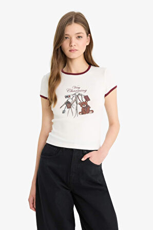 DeFacto Coool Fitted Bisiklet Yaka Baskılı Ribana Kısa Kollu Tişört F5138AX25SMWT32