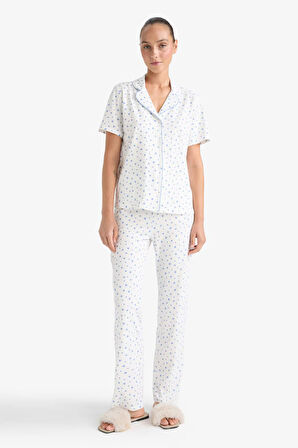 Pijama Takımı Regular Fit Desenli Kısa Kollu Üst Uzun Alt-Fall in Love