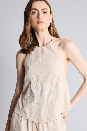 DeFacto Regular Fıt Halter Yaka Brode Kolsuz Bej Bluz H0475AX26HSBG74